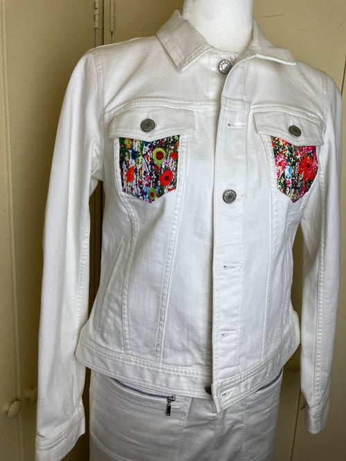 White Stretch Denim Floraal Jacket / S