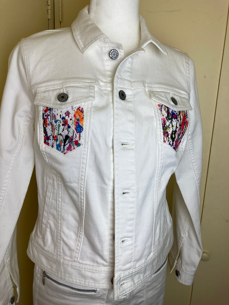 White Stretch Denim Floral Jacket / XS