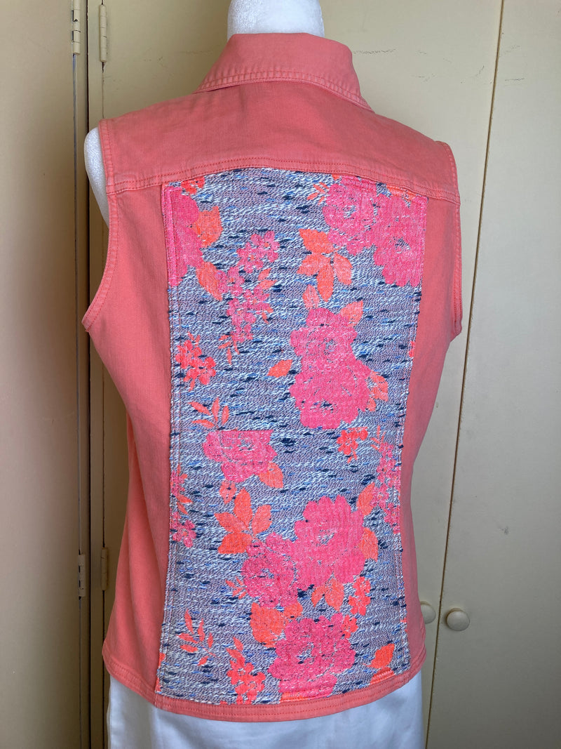 Coral Denim Vest w/ Linen-blend Floral Boucle & Vintage Hankie / Chico's sz 1