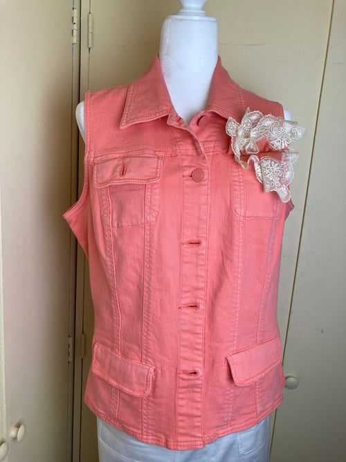Coral Denim Vest w/ Linen-blend Floral Boucle & Vintage Hankie / Chico's sz 1