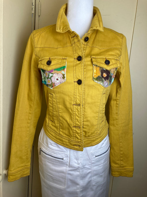 Gold Cropped Denim Jacket w/Multicolor Velveteen / M (XS)