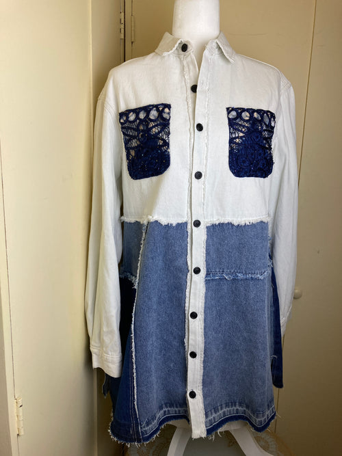 Blue and white distressed denim coat w/beaded lace / S