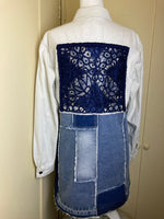 Blue and white distressed denim coat w/beaded lace / S