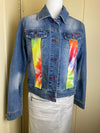 Blue denim jacket with yellow & orange tie-dye / M